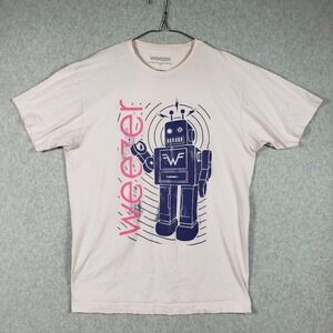 Weezer‎ Robot Logo Graphic T-Shirt Mens Large L Light Cream White Rock Band Tee